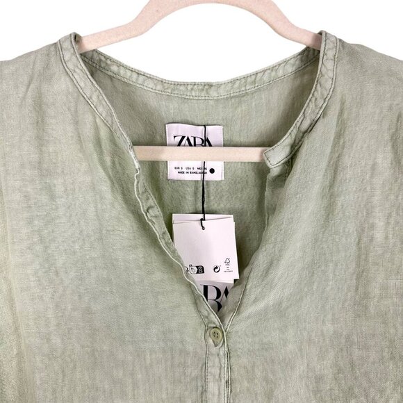 Zara Sage Green Oversized Linen Long Sleeve-Slit Blouse Size Small - Picture 3 of 15